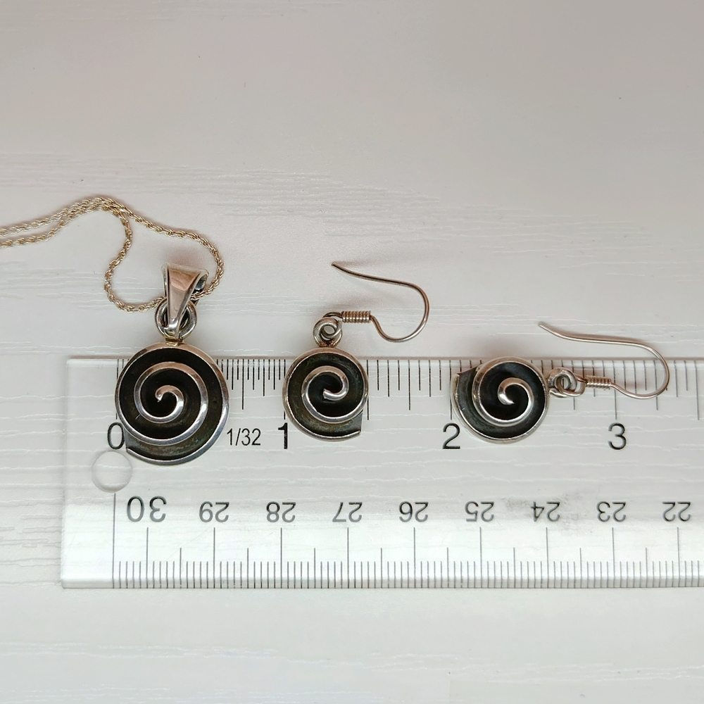 Vintage Mexico Sterling Silver Modernist Spiral Pendant Necklace Earring Set 20" - Picture 6 of 15